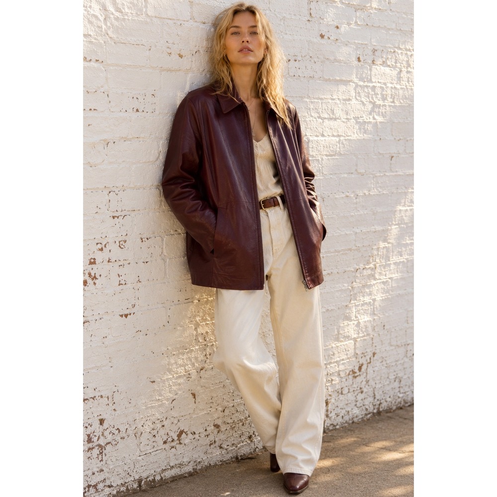 Vintage JLC New York Burgundy Leather Zip Up Jacket Minimalist 90s XL